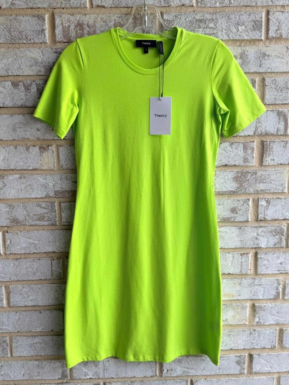 Theory Short Sleeve Crew Neck Cotton Blend Neon Green Shirt Dress Size P (XS)